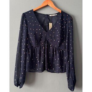 NWT Women’s L Francesca’s Miami Navy Blue Star Print Blouse Sheer Sleeve Top Y2K